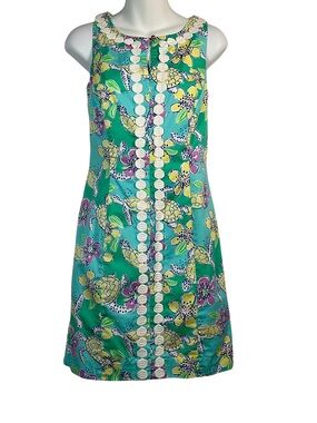 Lilly Pulitzer Dress Size 0 Multi Color Rare “Moving Slowly” with Shell Edging